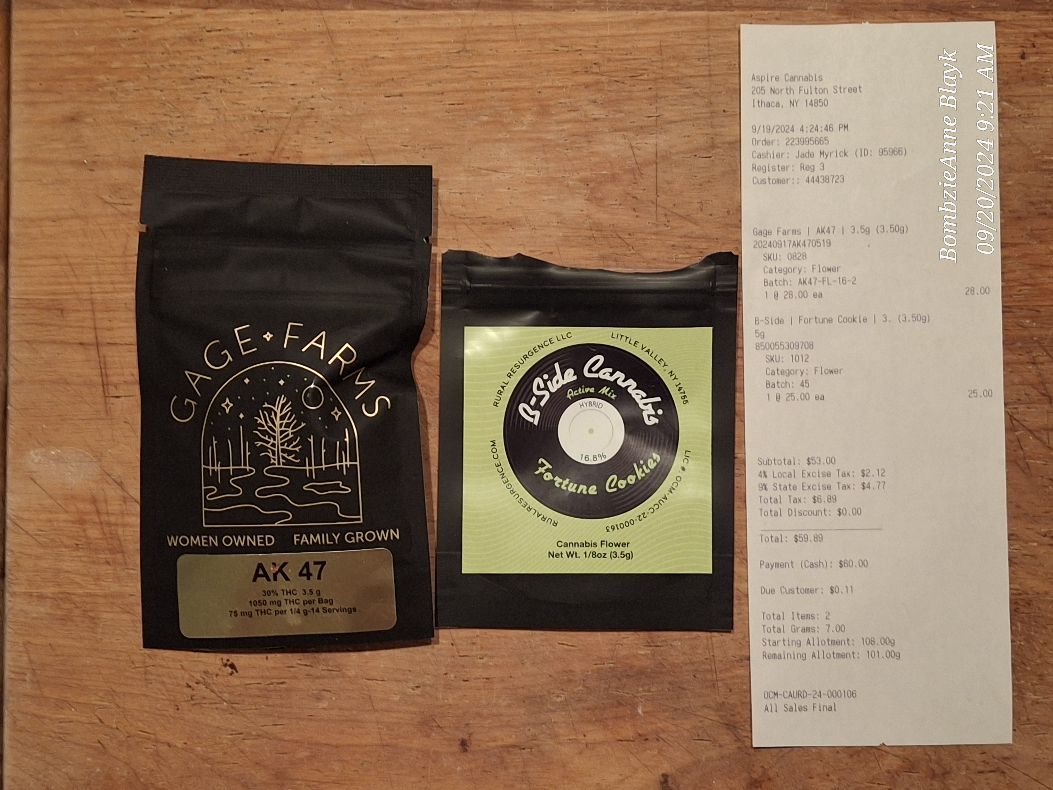 ./2024-09-19 - Aspire MJ - Aspire Cannabis Ithaca - GAGE FARMS AK-47 - 3.5 gm - B-Side Cannabis Fortune Cookies 3.5 gm - $59.89.jpg